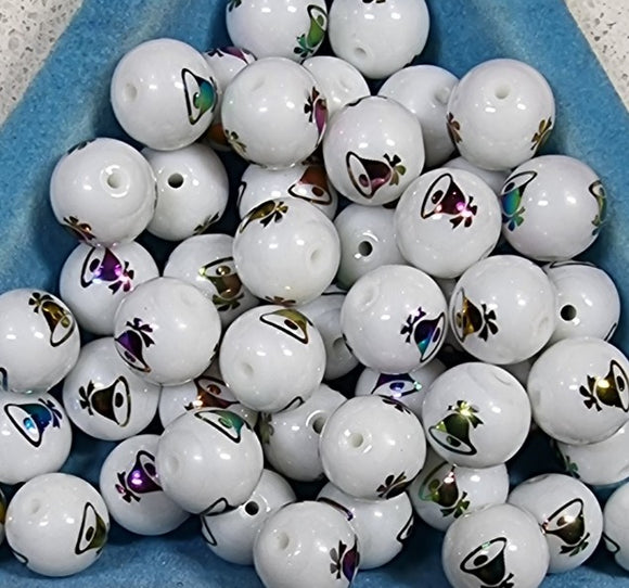 10MM  GLASS BEADS - Packet of 10 - XMAS BELL - WHITE/MULTI