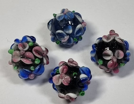 15X13MM H/MADE LAMPWORK BEADS - RONDELLE - DARK BLUE/ PINK FLORAL