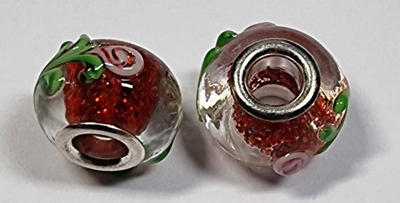 RONDELLES - 13-14MM H/MADE LAMPWORK GLASS BEADS- RED/FLORAL
