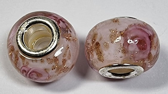 RONDELLES - 13-14MM H/MADE LAMPWORK GLASS BEADS- PINK/FLORAL