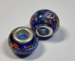 RONDELLES - 13-14MM H/MADE LAMPWORK GLASS BEADS- ROYAL BLUE/FLORAL
