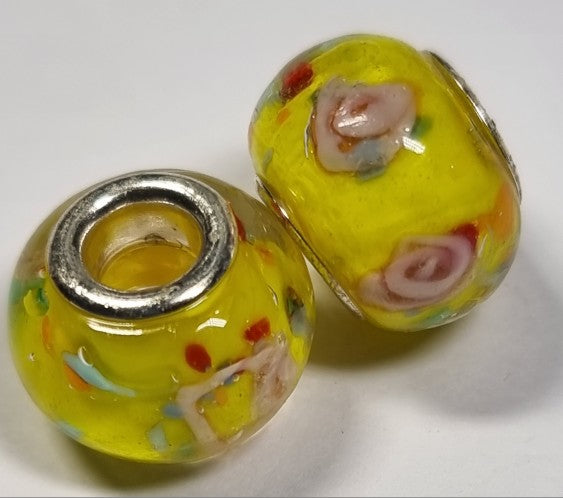 RONDELLES - 13-14MM H/MADE LAMPWORK GLASS BEADS- YELLOW/FLORAL
