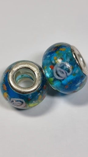 RONDELLES - 13-14MM H/MADE LAMPWORK GLASS BEADS- MID BLUE/FLORAL