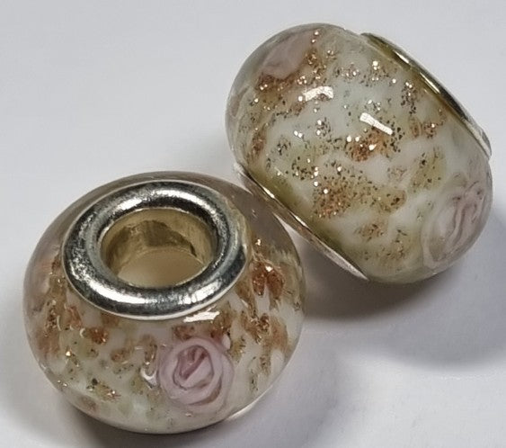 RONDELLES - 13-14MM H/MADE LAMPWORK GLASS BEADS- GOLD FLECK/FLORAL