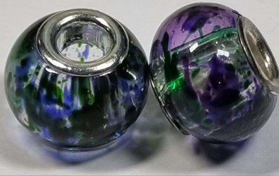 RONDELLES - 13-14MM H/MADE LAMPWORK GLASS BEADS- PURPLE/GREEN FLECK