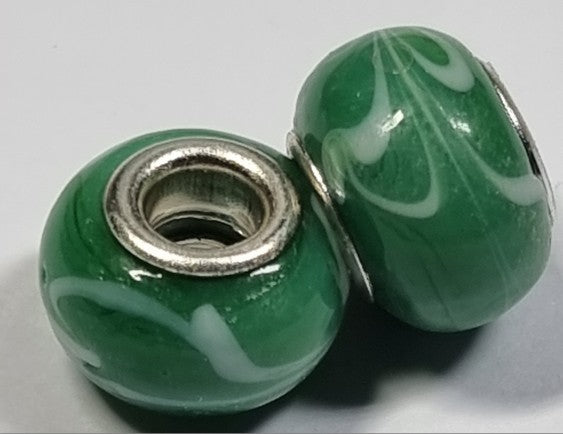 RONDELLES - 13-14MM H/MADE LAMPWORK GLASS BEADS- GREEN/WHITE