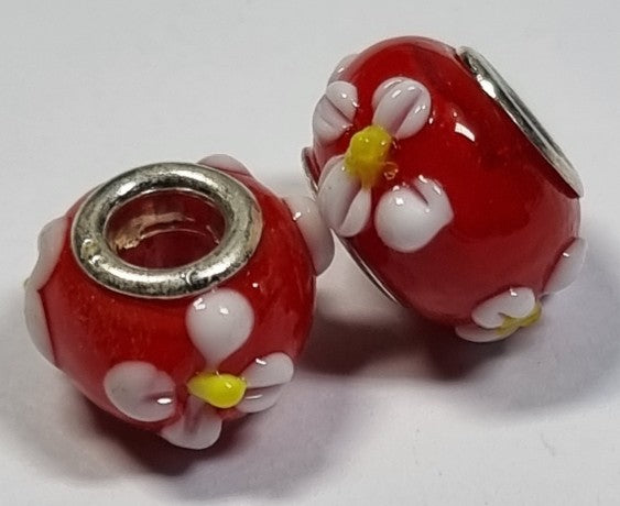 RONDELLES - 13-14MM H/MADE LAMPWORK GLASS BEADS- RED/FLORAL