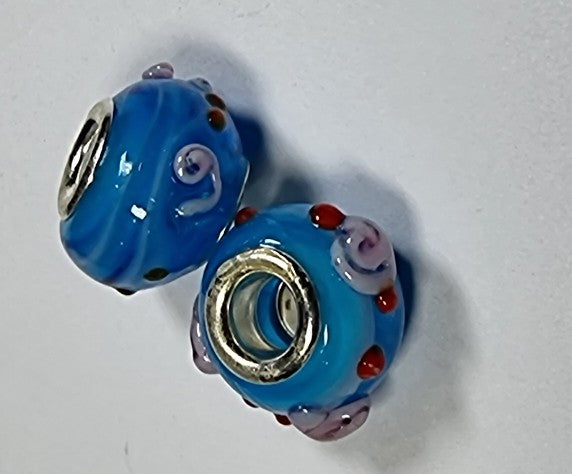 RONDELLES - 13-14MM H/MADE LAMPWORK GLASS BEADS- BLUE/FLORAL