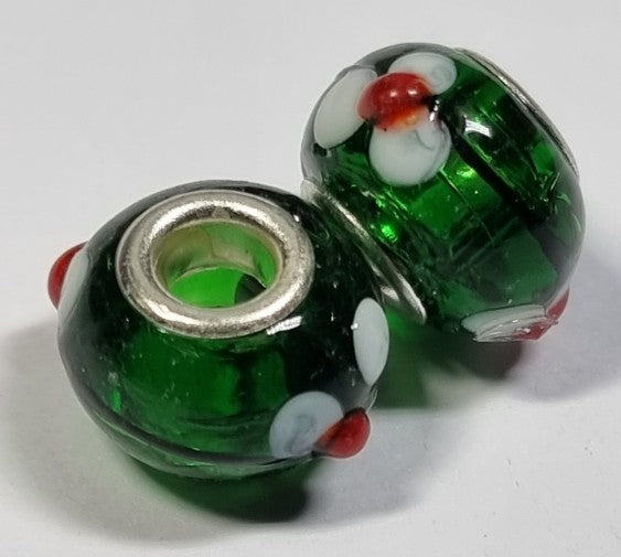 RONDELLES - 13-14MM H/MADE LAMPWORK GLASS BEADS- GREEN/FLORAL