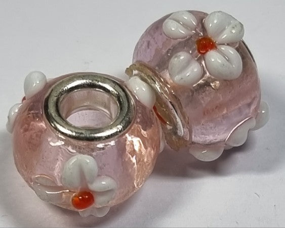 RONDELLES - 13-14MM H/MADE LAMPWORK GLASS BEADS- PINK/FLORAL