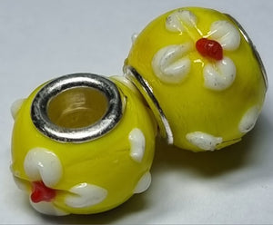 RONDELLES - 13-14MM H/MADE LAMPWORK GLASS BEADS- YELLOW/FLORAL