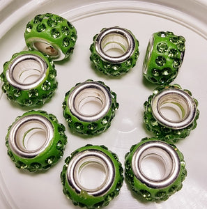 RONDELLES - 10MM H/MADE POLYMER CLAY & RHINESTONE BEADS- GREEN