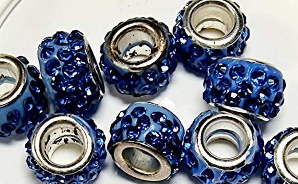 RONDELLES - 10MM H/MADE POLYMER CLAY & RHINESTONE BEADS- SAILOR BLUE