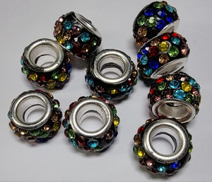 RONDELLES - 10MM H/MADE POLYMER CLAY & RHINESTONE BEADS- MULTI COLOURS