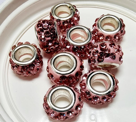 RONDELLES - 10MM H/MADE POLYMER CLAY & RHINESTONE BEADS- PINK