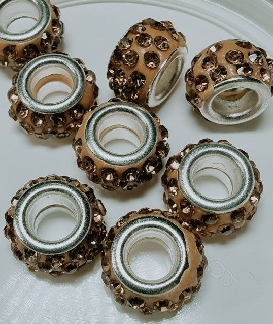 RONDELLES - 10MM H/MADE POLYMER CLAY & RHINESTONE BEADS- CAMEL