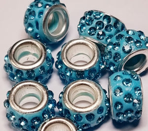 RONDELLES - 10MM H/MADE POLYMER CLAY & RHINESTONE BEADS- SKY BLUE