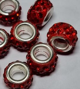 RONDELLES - 10MM H/MADE POLYMER CLAY & RHINESTONE BEADS- RED