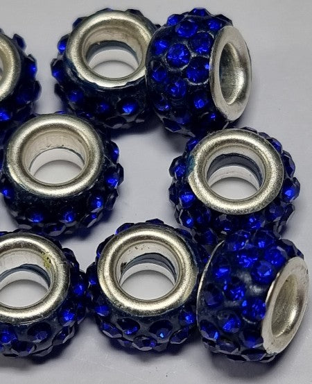 RONDELLES - 10MM H/MADE POLYMER CLAY & RHINESTONE BEADS- ROYAL BLUE