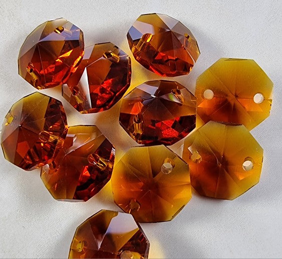OCTOGONS - 14 X 14MM FACETED E.PLATED GLASS PRISMS - AMBER BROWN