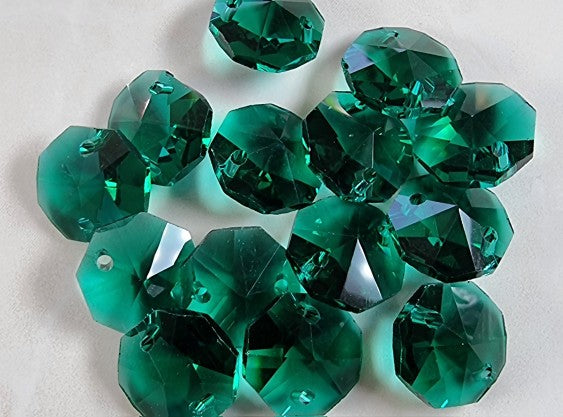 OCTOGONS - 14 X 14MM FACETED E.PLATED GLASS PRISMS -EMERALD GREEN