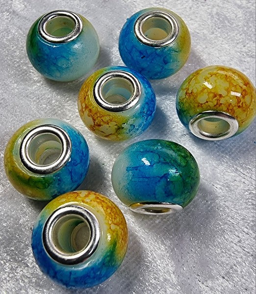 15X11MM BRASS CORE GLASS TWO-TONED RONDELLES - BLUE/YELLOW