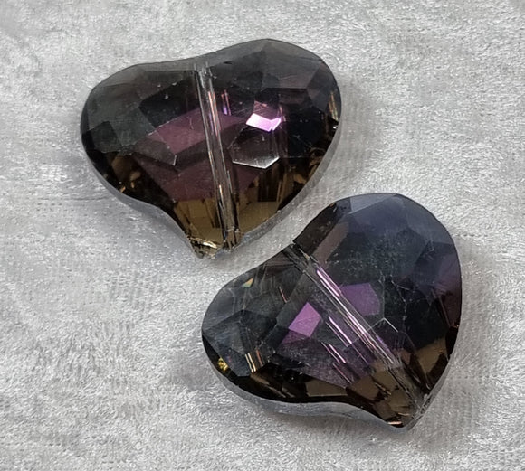 HEARTS - 28MM FACETED GLASS - E.PLATED - PURPLE RAINBOW