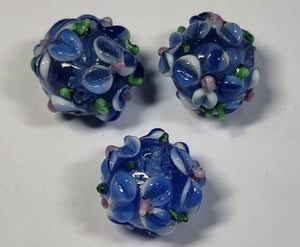 15X13MM H/MADE LAMPWORK BEADS - RONDELLE - MID BLUE/ BLUE FLORAL