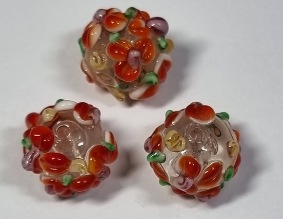 15X13MM H/MADE LAMPWORK BEADS - RONDELLE - CLEAR/ ORANGE FLORAL