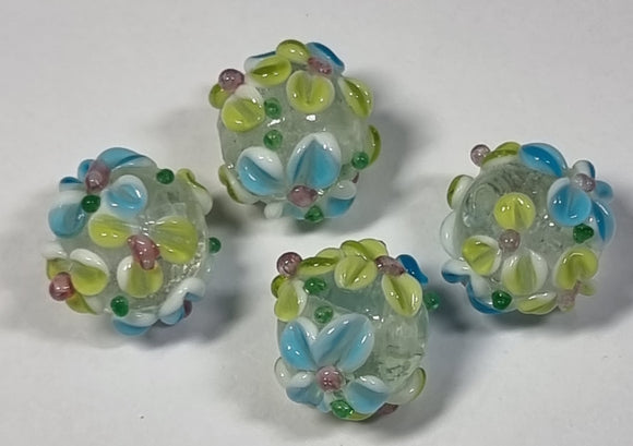 15X13MM H/MADE LAMP/WK BEADS - RONDELLE - CLEAR/ BLUE AND YELLOW FLORAL