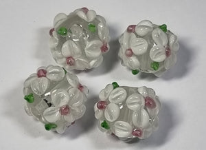 15X13MM H/MADE LAMPWORK BEADS - RONDELLE - CLEAR/ WHITE FLORAL