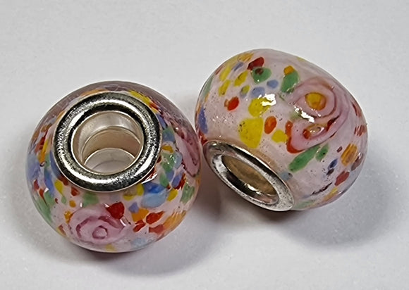 RONDELLES - 13-14MM H/MADE LAMPWORK GLASS BEADS- CONFETTI/FLORAL