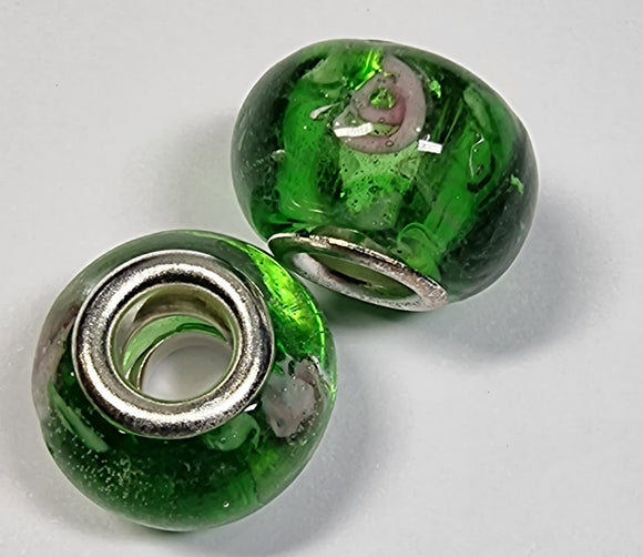 RONDELLES - 13-14MM H/MADE LAMPWORK GLASS BEADS- GREEN/FLORAL