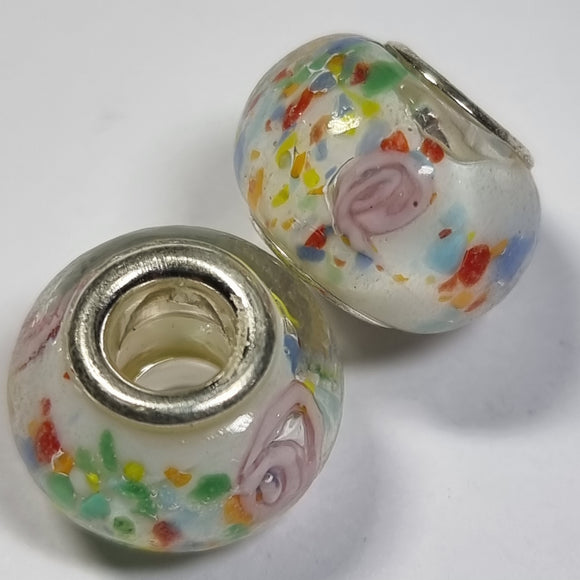 RONDELLES - 13-14MM H/MADE LAMPWORK GLASS BEADS- CONFETTI/FLORAL