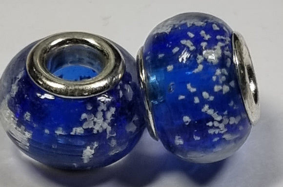 RONDELLES - 13-14MM H/MADE LAMPWORK GLASS BEADS- ROYAL BLUE/CREAM