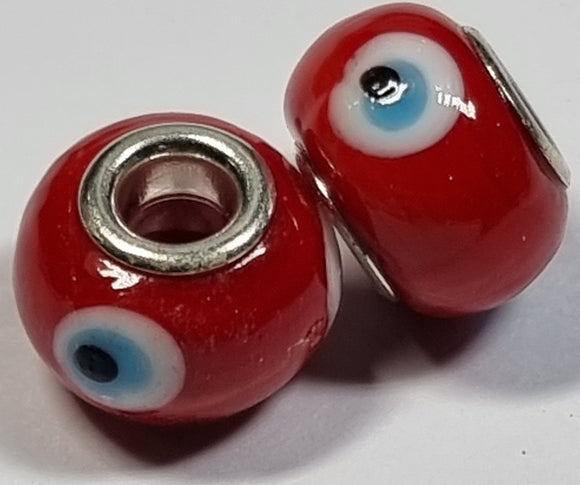 RONDELLES - 13-14MM H/MADE LAMPWORK GLASS BEADS- RED/EYE