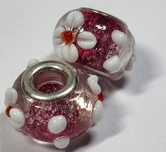 RONDELLES - 13-14MM H/MADE LAMPWORK GLASS BEADS- FUCHSIA/FLORAL