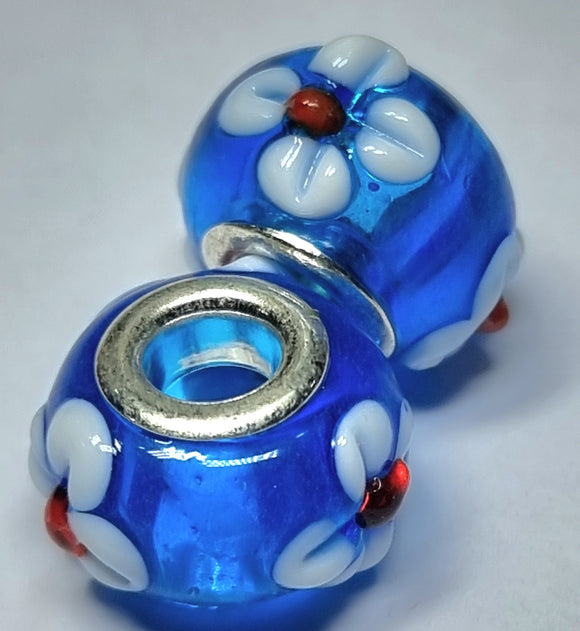 RONDELLES - 13-14MM H/MADE LAMPWORK GLASS BEADS- BLUE/FLORAL
