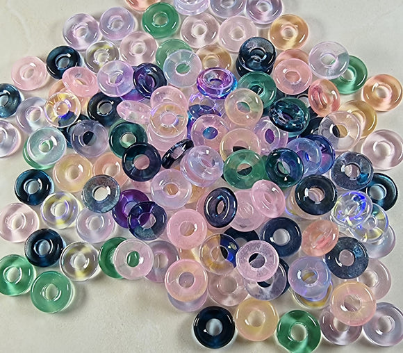 RONDELLES - 12 X 4MM  TRANS. GLASS BEADS- FLAT ROUNDS - MIXED COLOUR