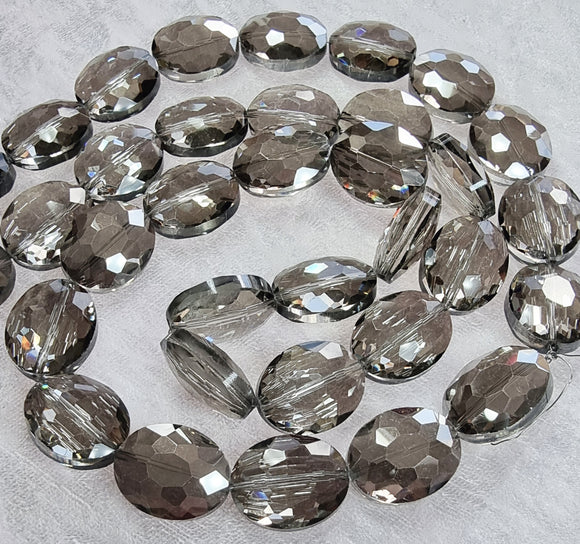 OVALS - 20 X 16MM FACETED CRYSTAL GLASS - E. PLATED SMOKE
