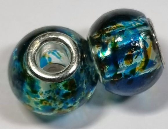 RONDELLES - 13-14MM H/MADE LAMPWORK GLASS BEADS- BLUE/GREEN