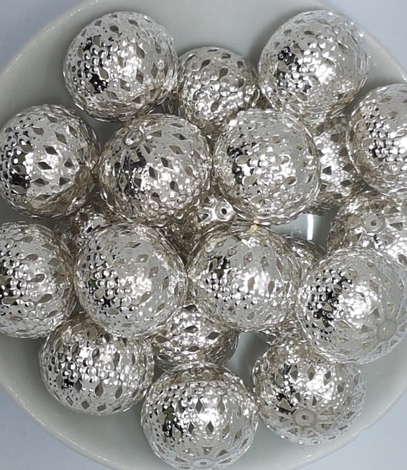 METAL BEADS - 20X18MM IRON, HOLLOW, SILVER ROUND BEADS