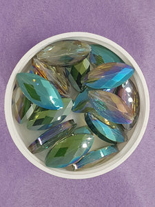 HORSE EYE - 25 X 12MM FACETED CRYSTAL GLASS - E. PLATED TEAL RAINBOW