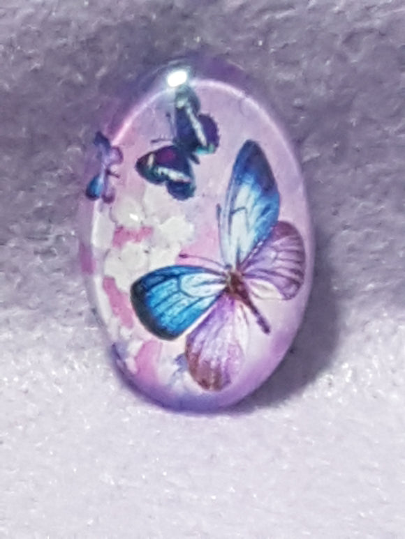 CABOCHON - 30 X 20MM GLASS OVAL - BUTTERFLY - PURPLE