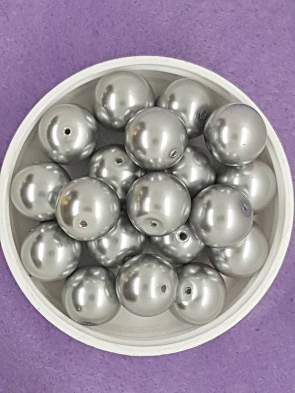 14MM GLASS ROUND PEARLS - SILVER