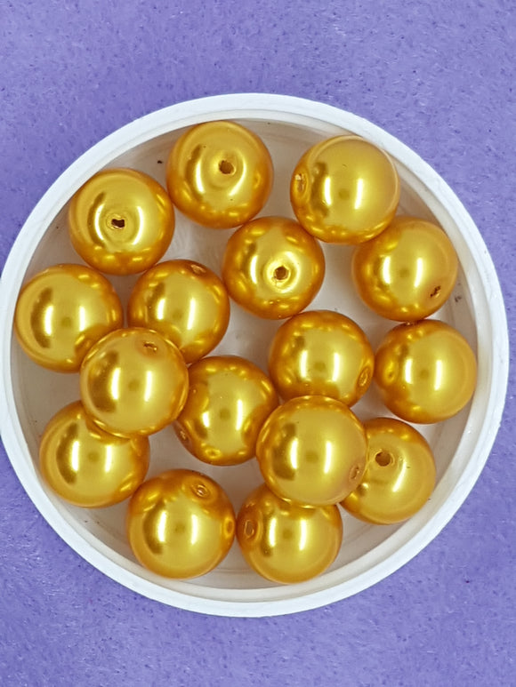 14MM GLASS ROUND PEARLS - GOLDEN