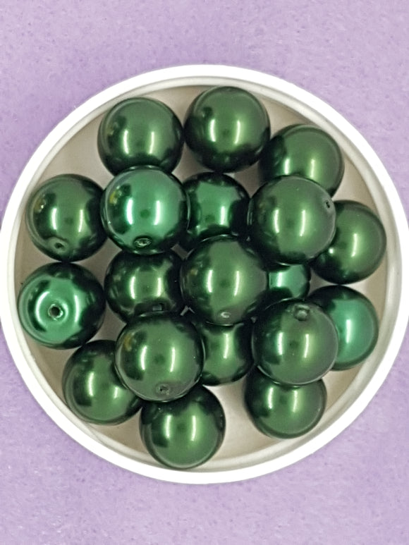 14MM GLASS ROUND PEARLS - CHRISTMAS GREEN