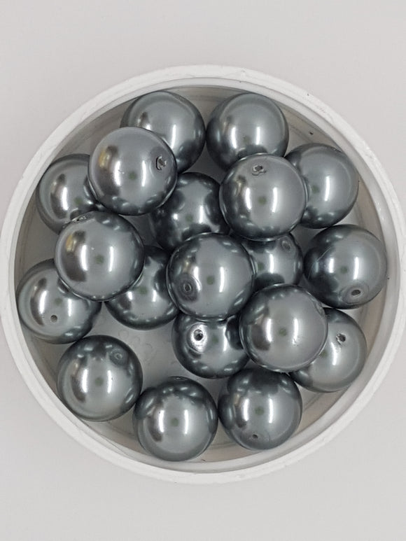 14MM GLASS ROUND PEARLS - MEDIUM GREY