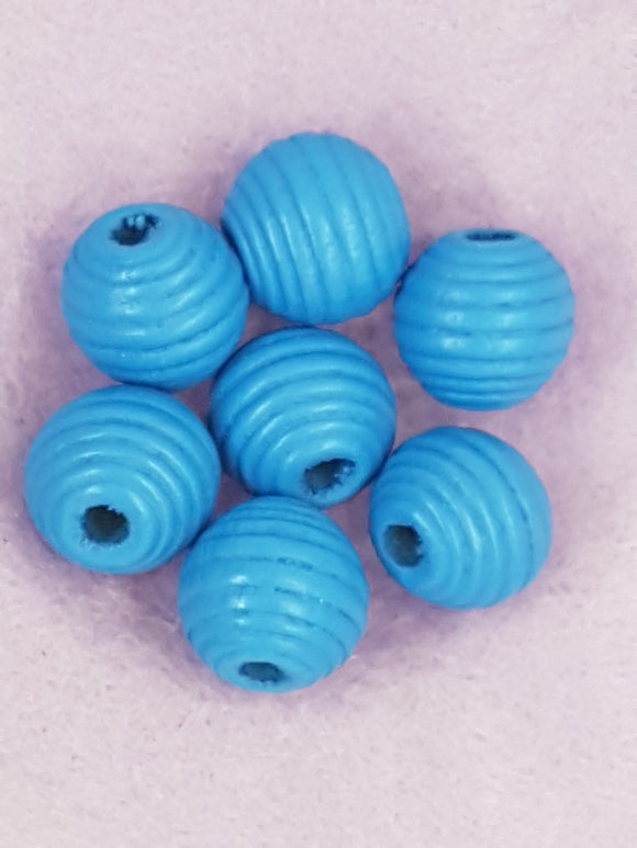 16MM WOODEN ROUND GROOVED BEADS - CYAN