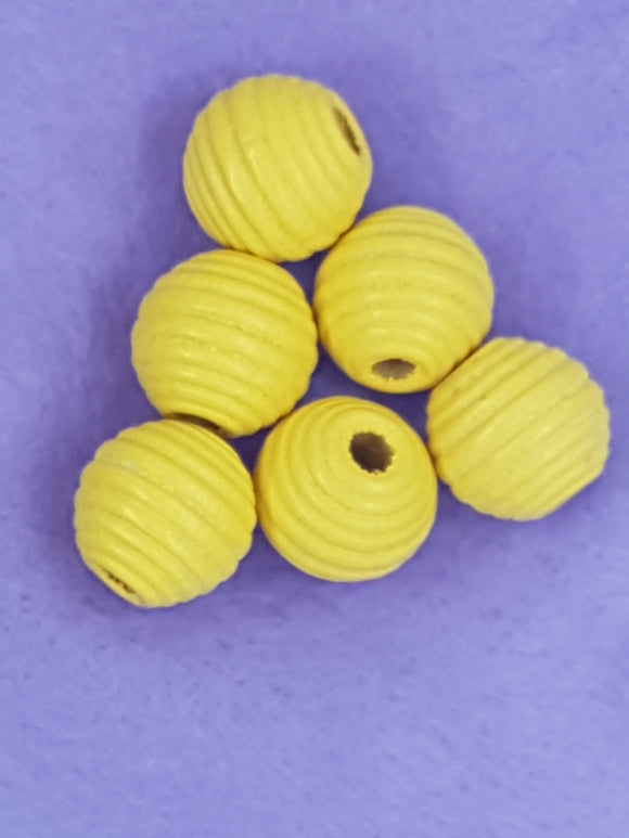 16MM WOODEN ROUND GROOVED BEADS - YELLOW